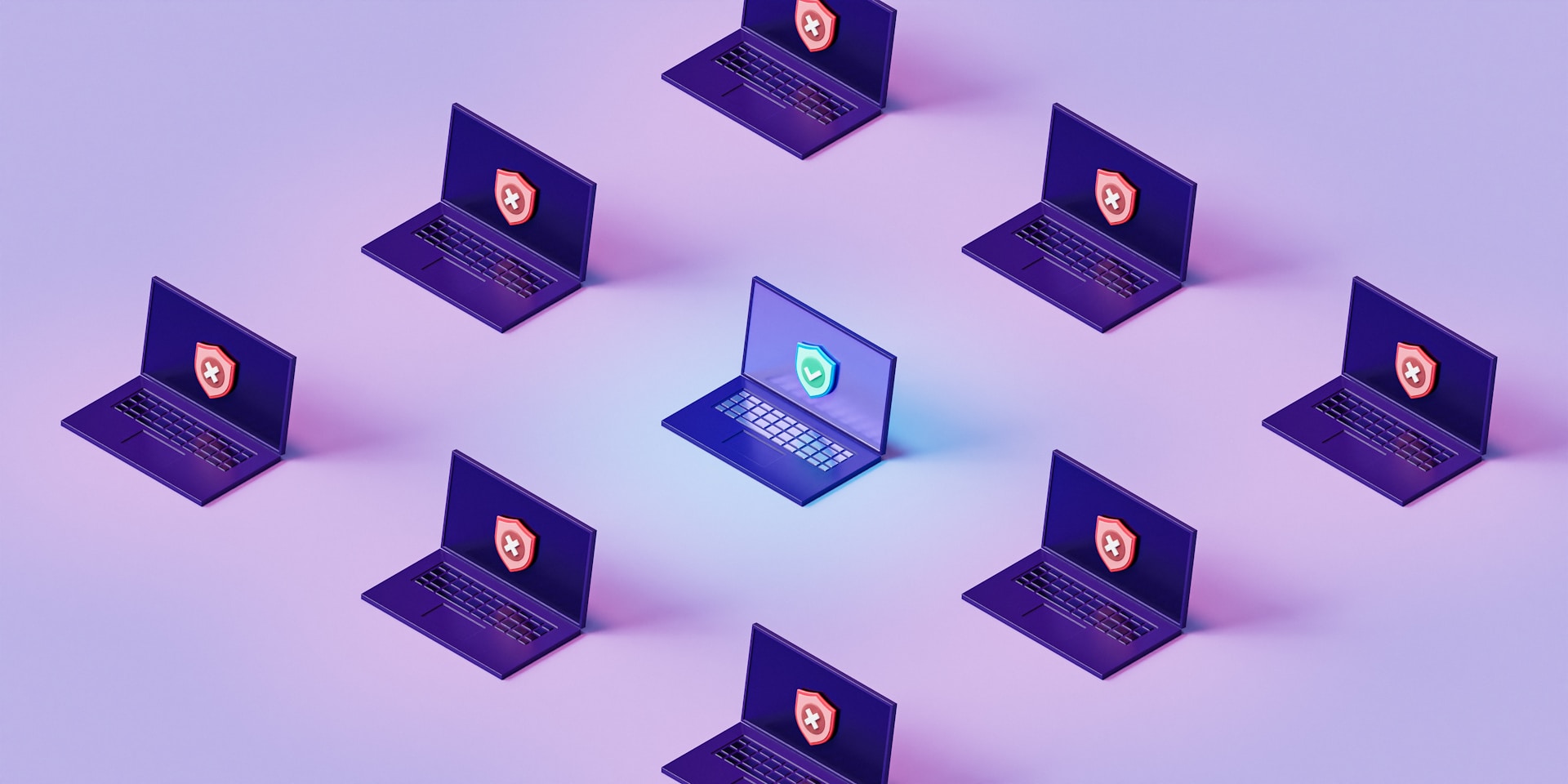 Ordinateurs portables avec symboles de sécurité, un seul avec bouclier vert protégé au centre, sur fond dégradé rose-bleu.