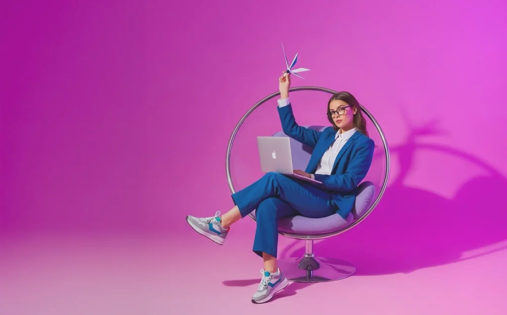 Femme en costume bleu avec ordinateur portable sur chaise ronde, fond rose vif, illustration créative