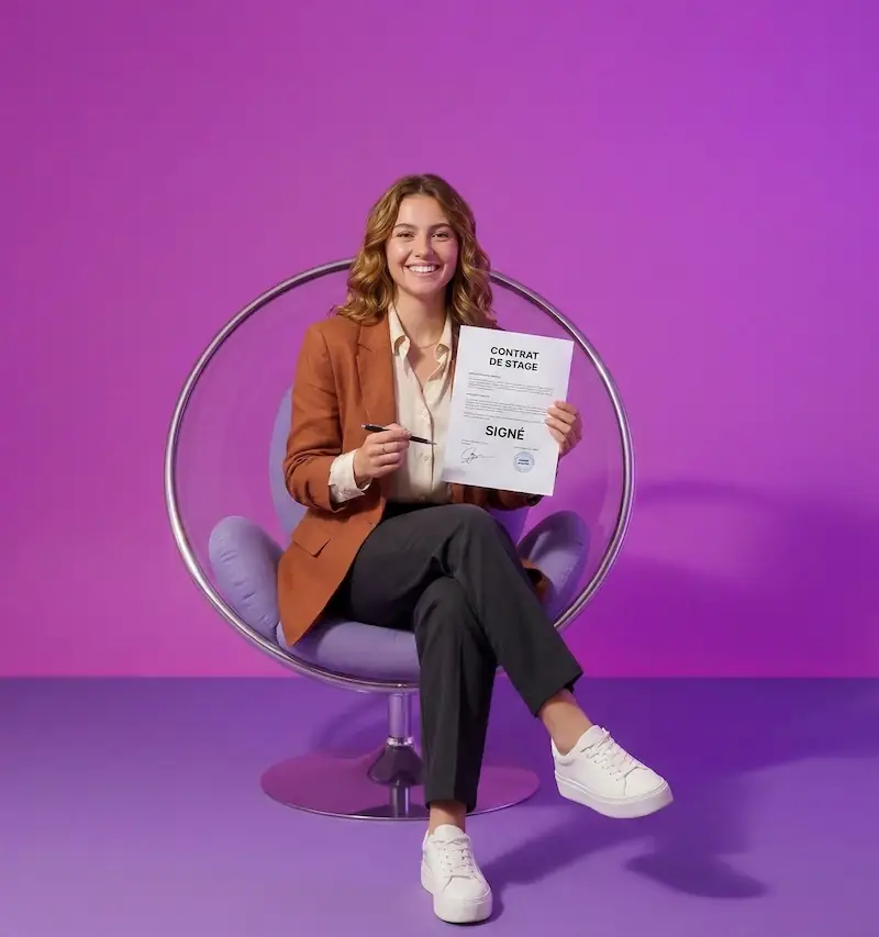 Femme souriante en blazer orange tenant un contrat de stage, assise dans un fauteuil transparent sur fond violet.