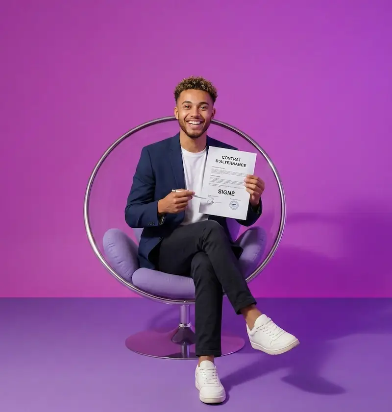 Homme souriant en blazer bleu tenant un contrat d'alternance signé sur fond violet devant une chaise moderne